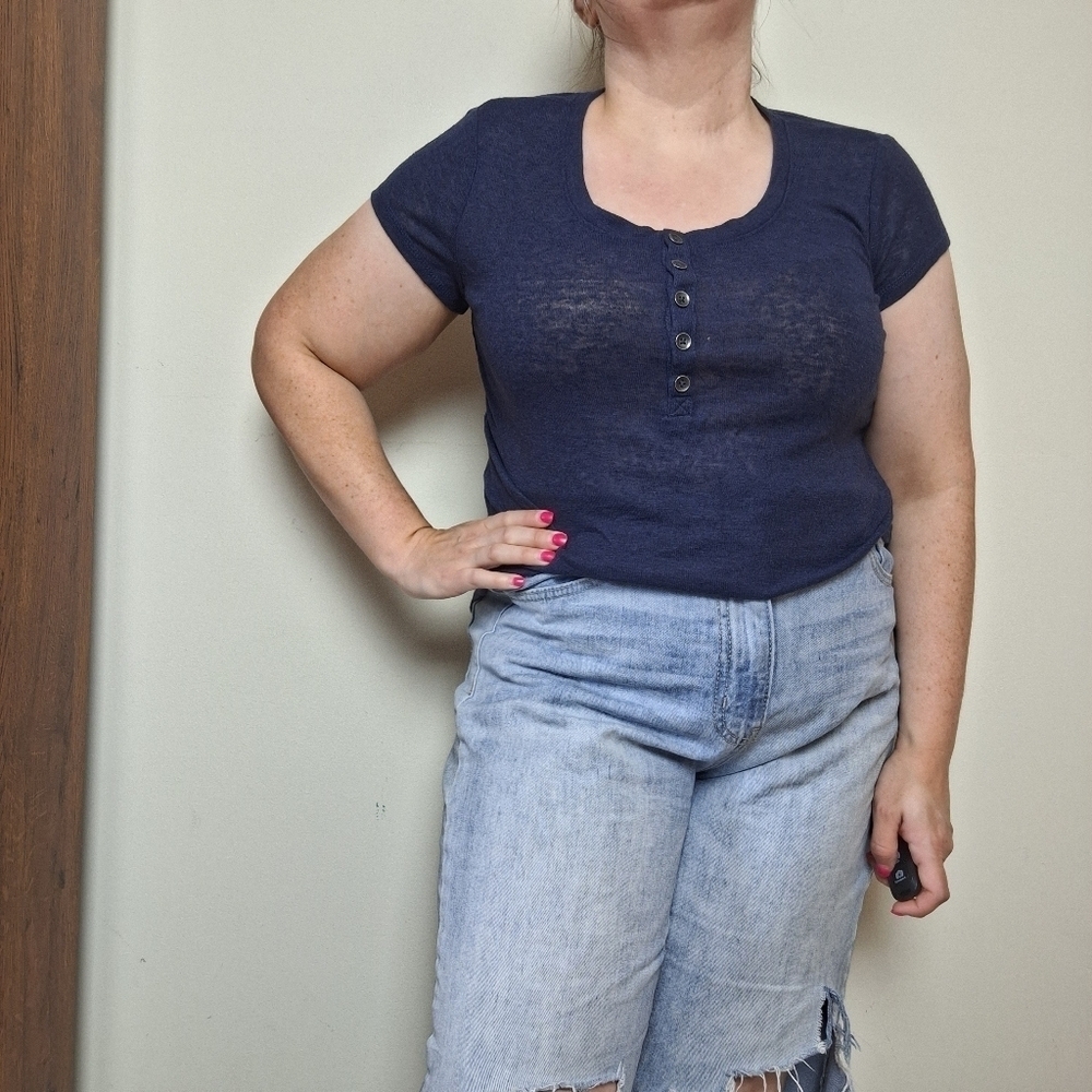 Universal Thread Navy Blue Linen Blend Short Sleeve Henley Top Size XS